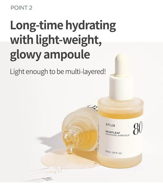 Anua Heartleaf 80 Soothing Ampoule, glass skin finish, Korean Skin Care